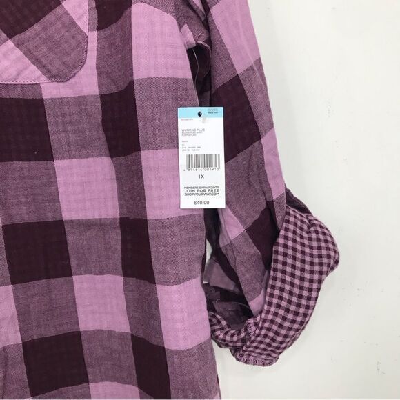 Laura Scott Purple Gingham Plaid Roll Tab Sleeve Button Up Shirt NEW - Picture 8 of 14